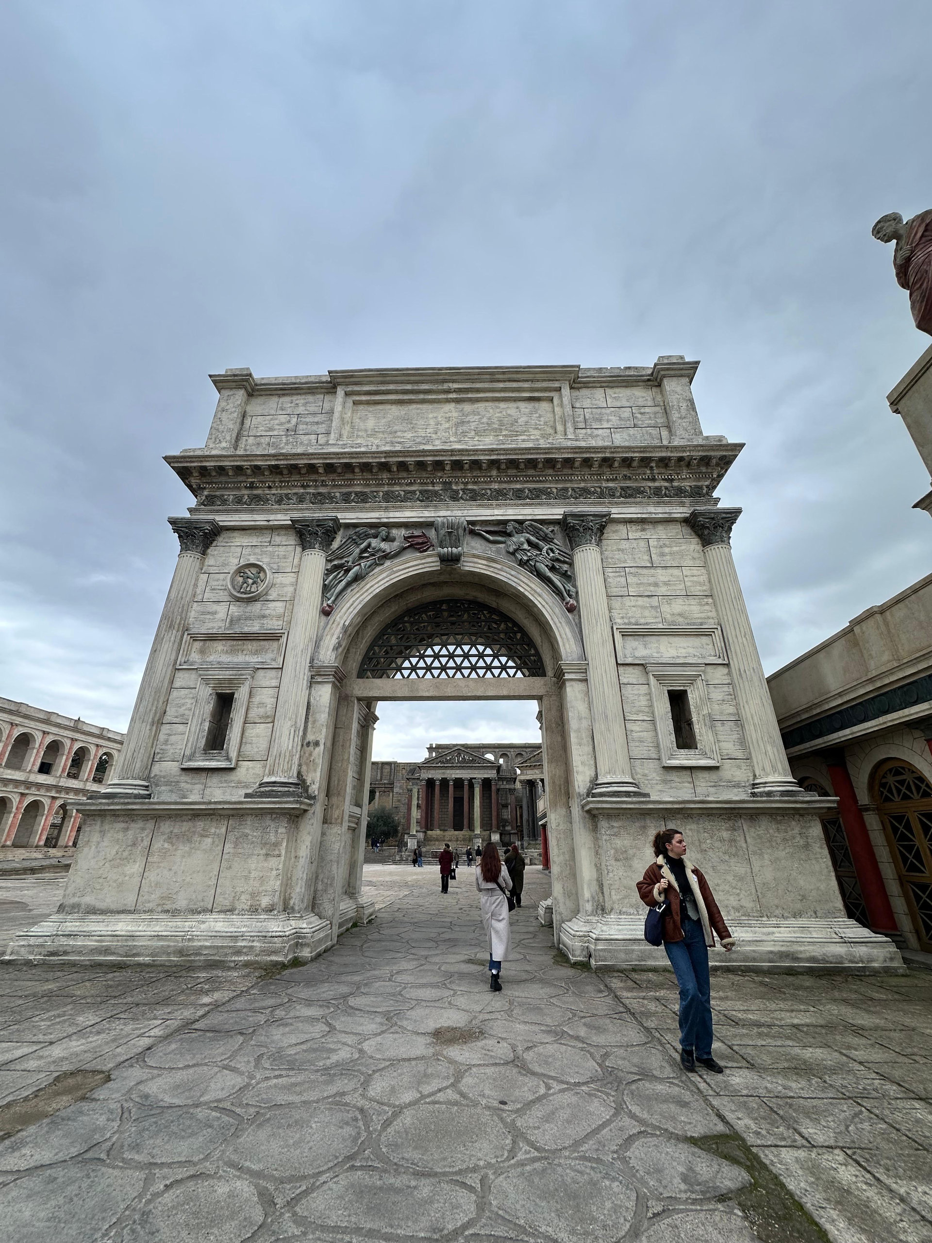 The monumental arch of the Ancient Rome backlot set at Cinecittà