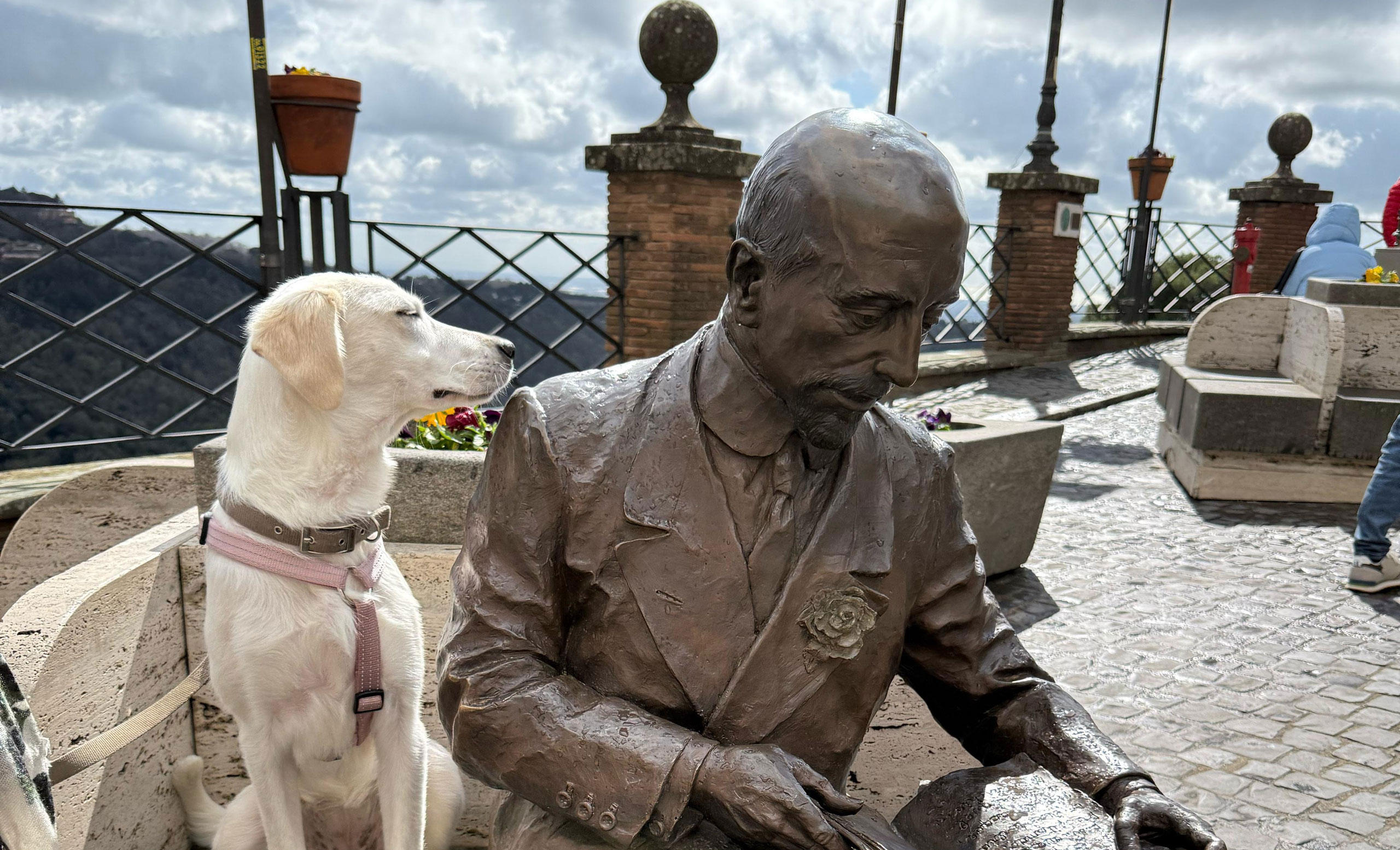 White dog sitting beside a bronze statue of a seated man on a hilltop terrace