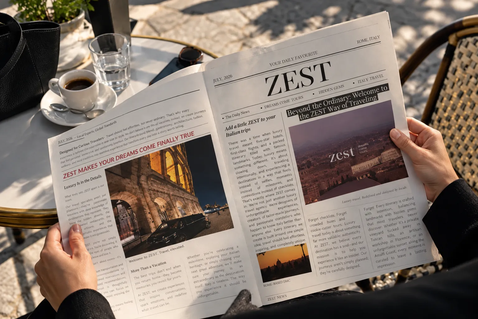 Hands holding an open Zest newspaper at a sunny cafe table with an espresso and a glass of water