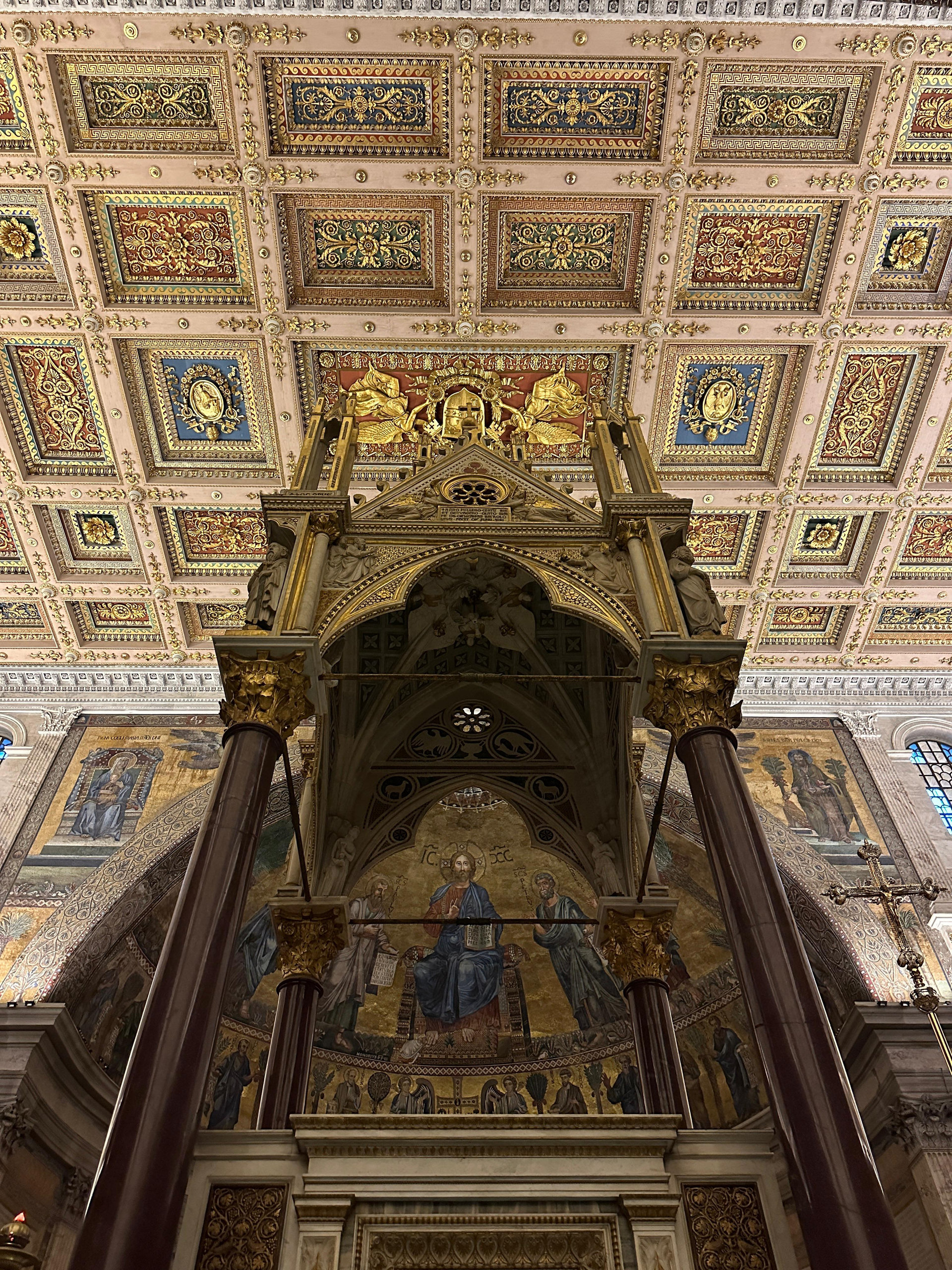 The gilded baldachin and mosaic apse inside Saint Paul Outside the Walls