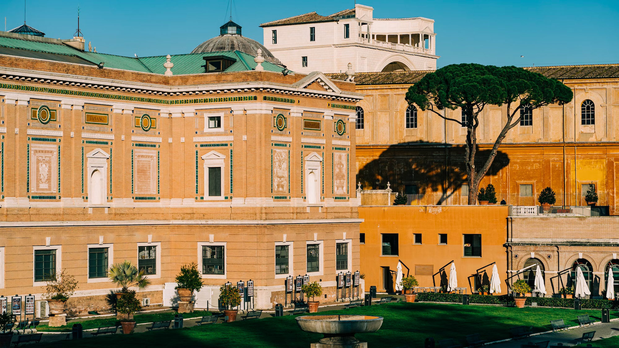 Vatican Museums courtyard with ochre palace facades, an umbrella pine and a fountain