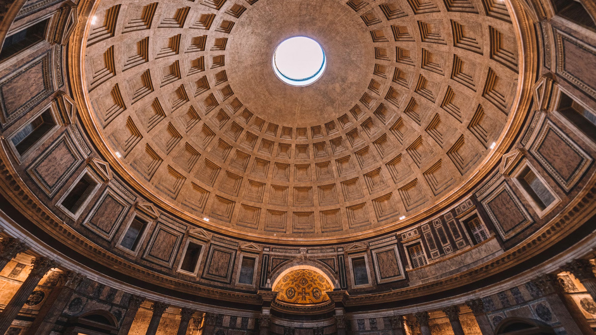 Looking up at the Pantheon dome, its coffered ceiling and open oculus