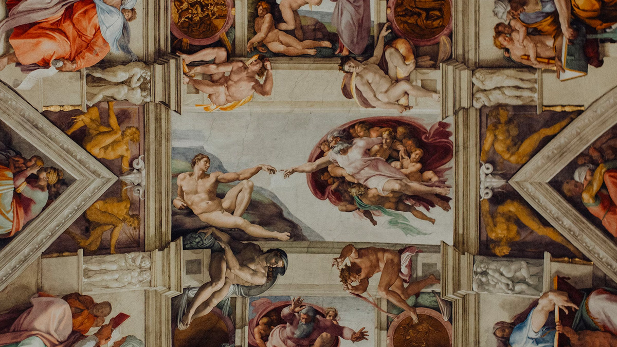 Michelangelo's Creation of Adam on the Sistine Chapel ceiling, seen from below