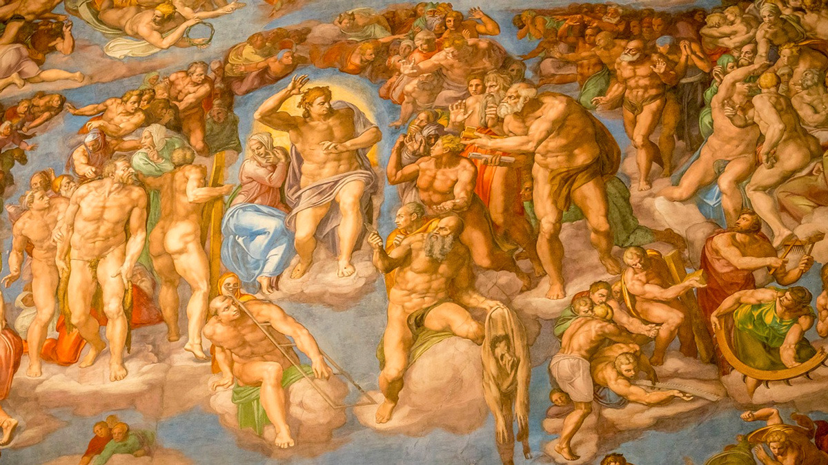 Detail of Michelangelo's Last Judgment fresco with Christ and surrounding saints
