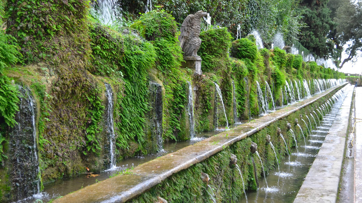 Long mossy wall with a row of small spouts pouring water into a stone channel