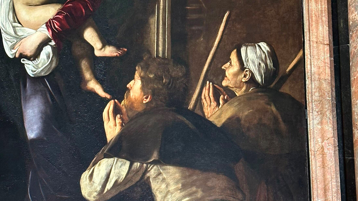 Detail of Caravaggio's Madonna of Loreto with two kneeling pilgrims in prayer, one with dirty bare feet