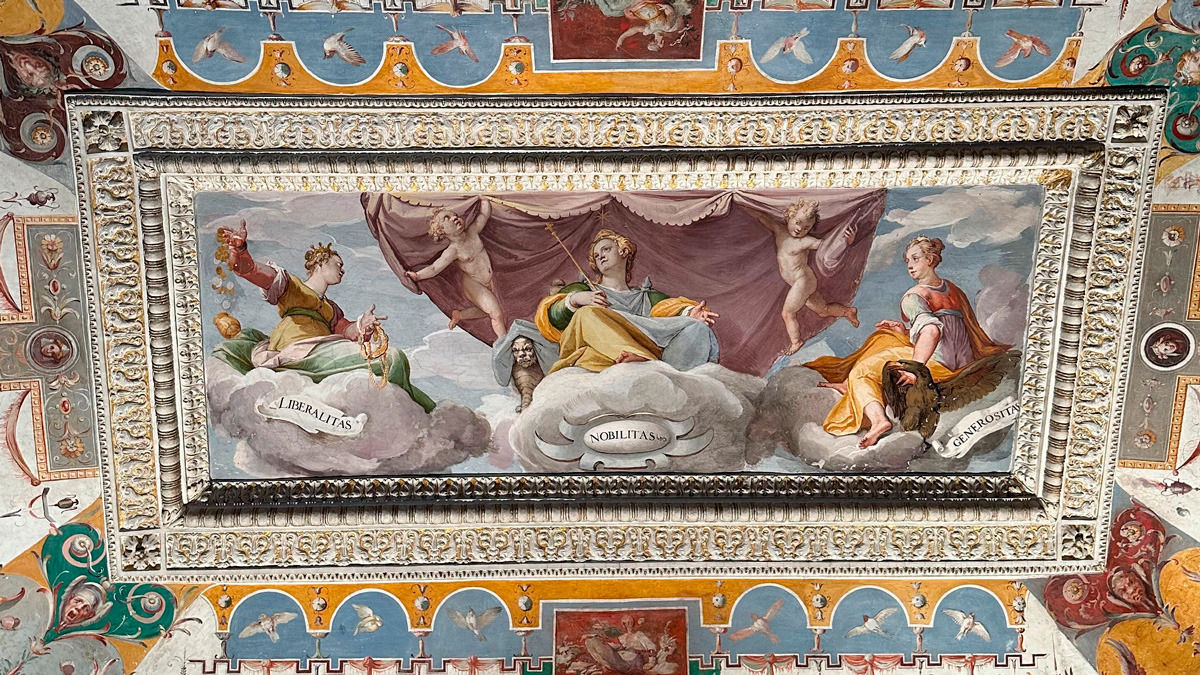 Frescoed Renaissance ceiling with allegorical figures on clouds in a gilded stucco frame