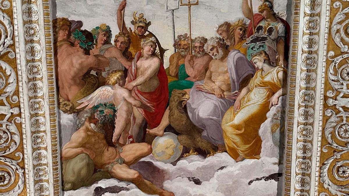 Fresco of classical gods and cherubs gathered on clouds within an ornate stucco border