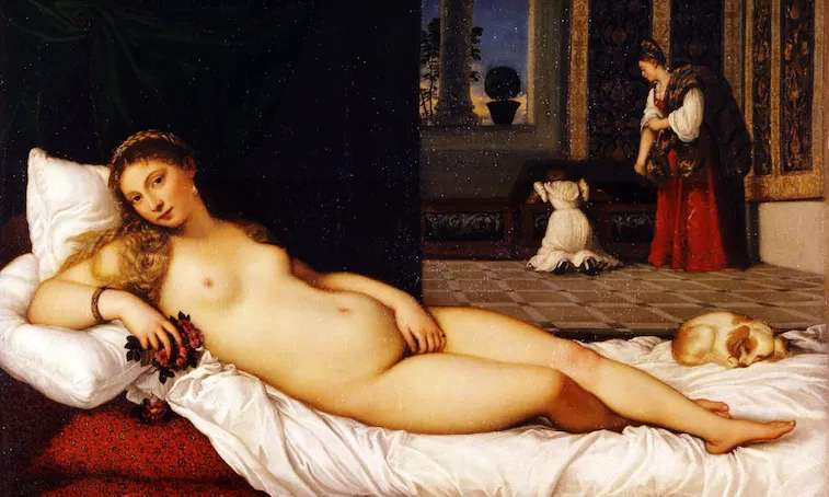 Renaissance painting of a reclining nude woman on white sheets with a small dog and servants behind