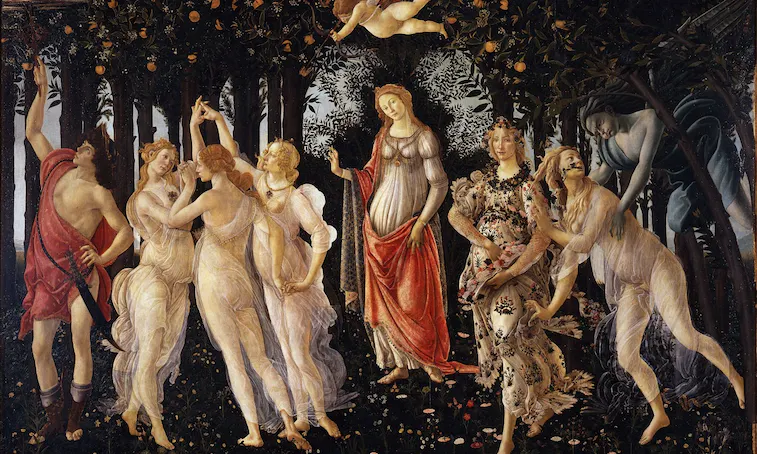 Renaissance painting of dancing figures and a central woman in a red cloak in an orange grove