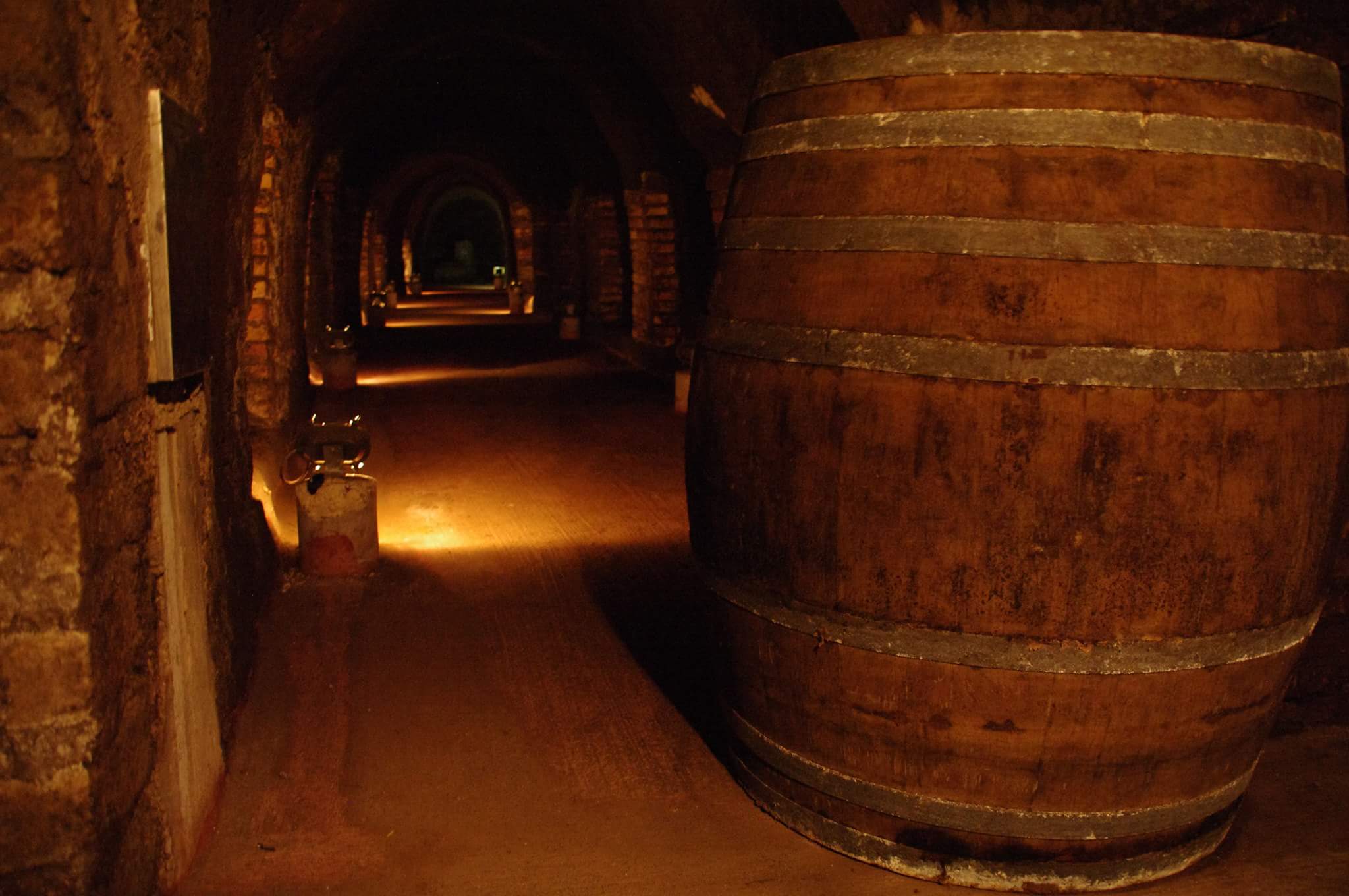 Huge wooden barrel in a dimly lit underground wine cellar