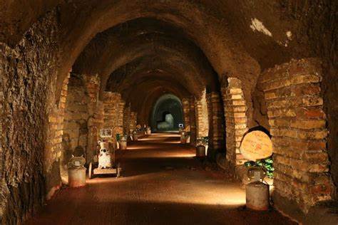 Brick-vaulted tunnel cellar softly lit and lined with old tools
