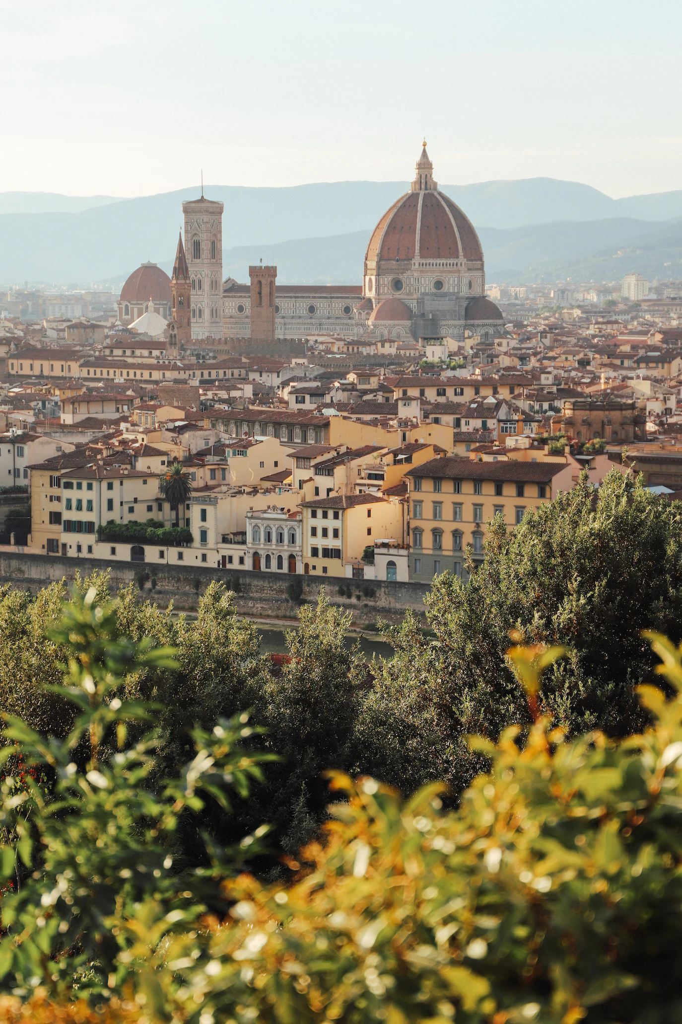 Florence skyline with the cathedral dome seen across the city through autumn foliage