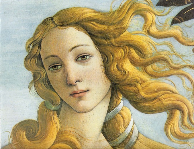 Detail of a Renaissance painting showing a woman's face with flowing golden hair