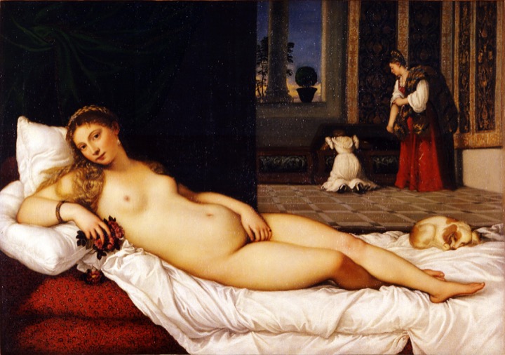 Renaissance painting of a reclining nude woman on white sheets with a small dog and maid in the background