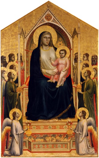 Medieval gold-ground altarpiece of the Madonna and Child enthroned with angels, in the Uffizi