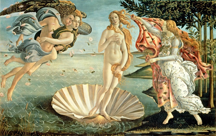 Botticelli's Birth of Venus showing the goddess standing on a scallop shell by the sea