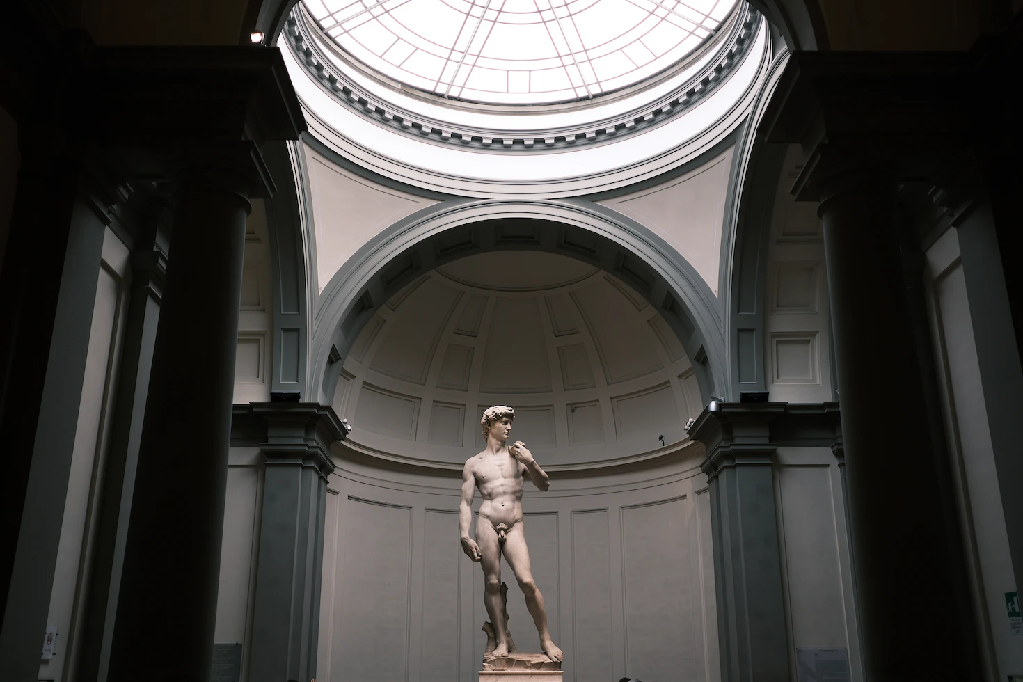 Michelangelo's David standing beneath a domed skylight in the Accademia gallery