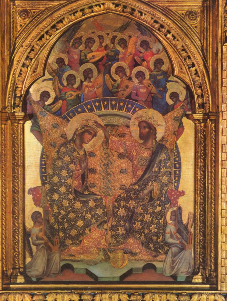 Gilded panel painting of a crowned couple in embroidered robes with musician angels above