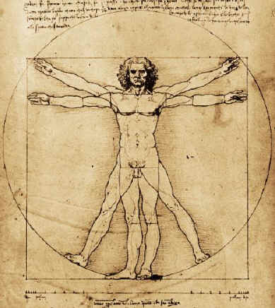 Pen drawing of a man with outstretched arms and legs inside a circle and square, with handwritten notes
