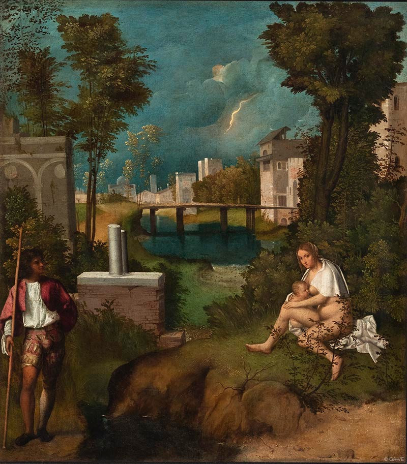 Renaissance painting of a stormy landscape with a soldier, a bridge and a woman nursing a child