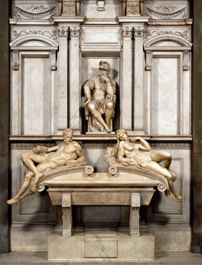 Marble Medici tomb with two reclining figures below a seated statue in a niche