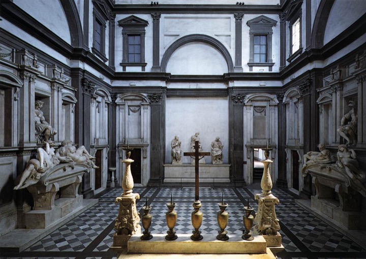 Interior of the Medici Chapels' New Sacristy with tombs, black-and-white floor and a crucifix