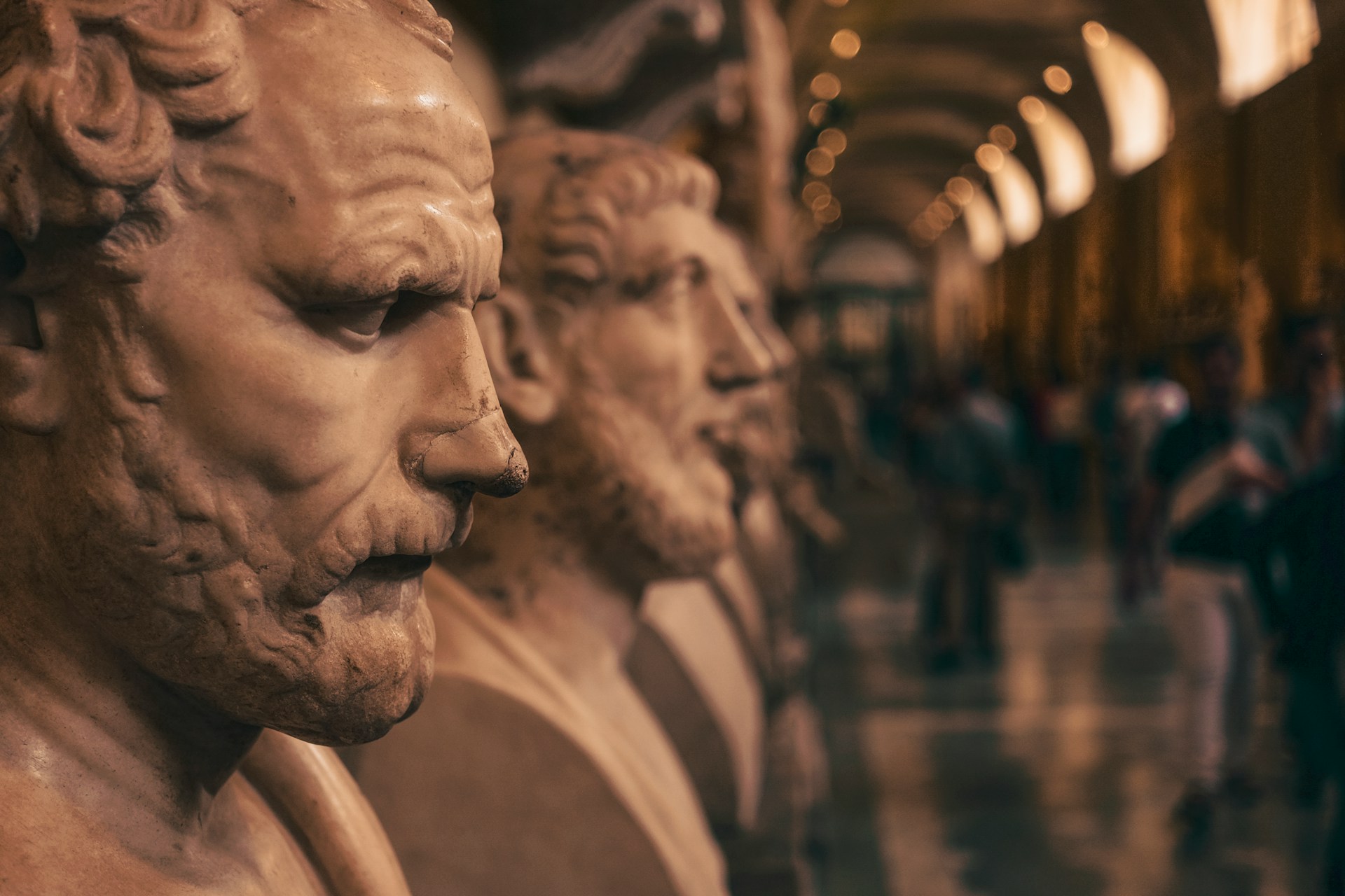 Close view of classical marble busts lined up in a Vatican museum gallery