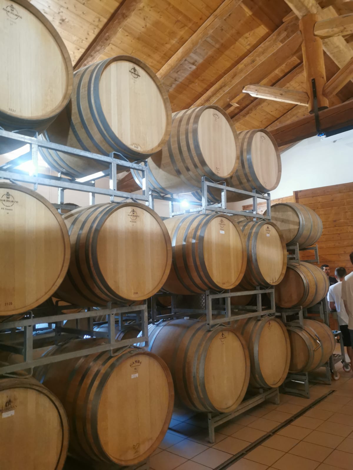 Stacked oak wine barrels in a winery cellar with a timber roof