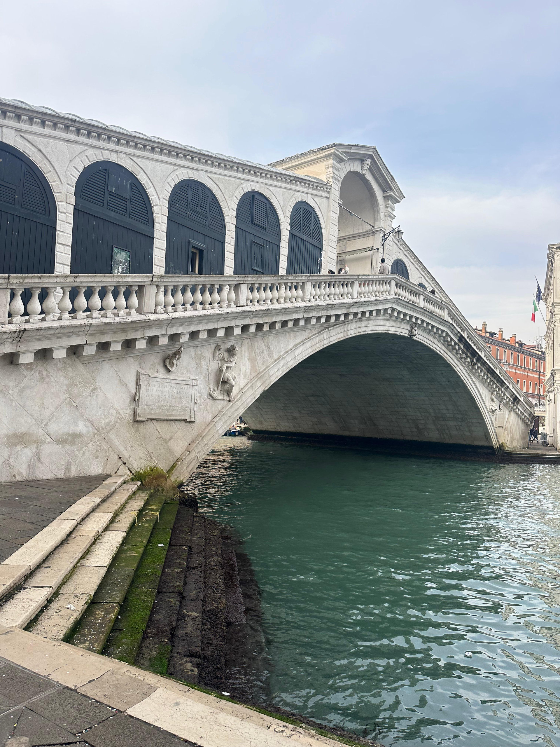 Rialto Bridge seen from the canal bank, its white stone arch over green water
