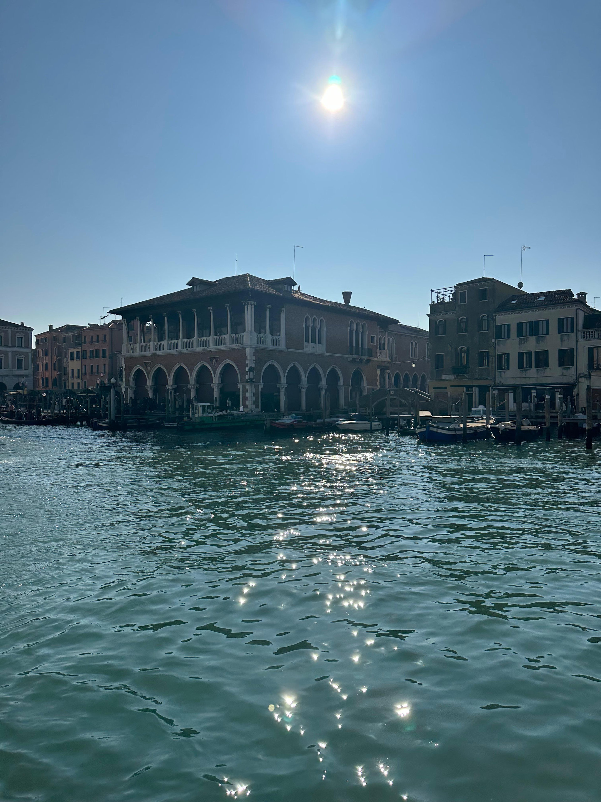 Sun glittering on the Grand Canal in front of an arcaded Gothic building on the waterfront