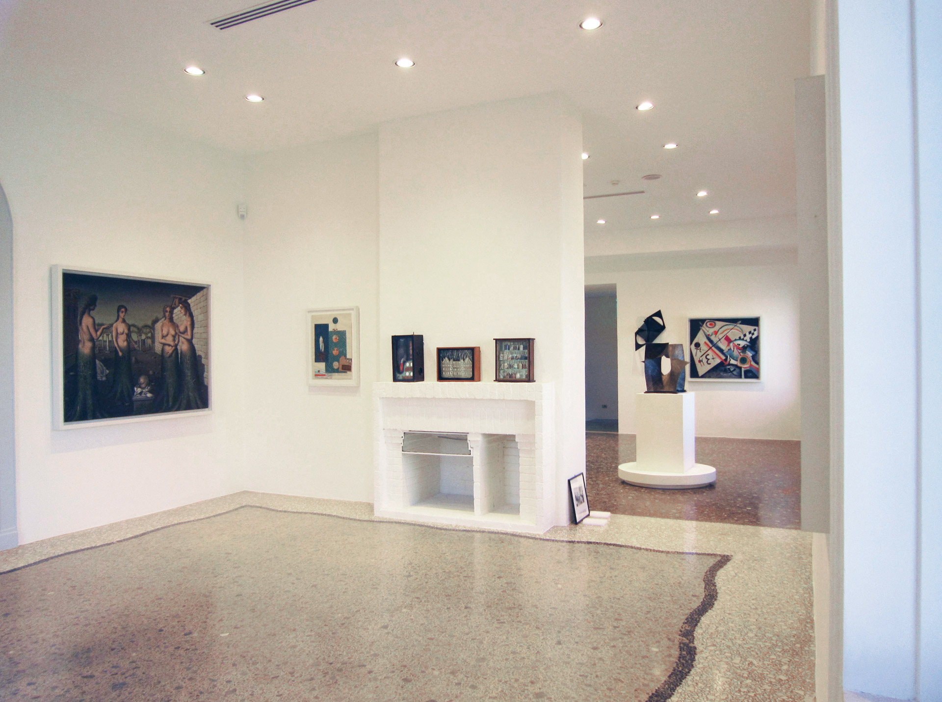 White museum room with terrazzo floor, figurative paintings and a sculpture on a plinth