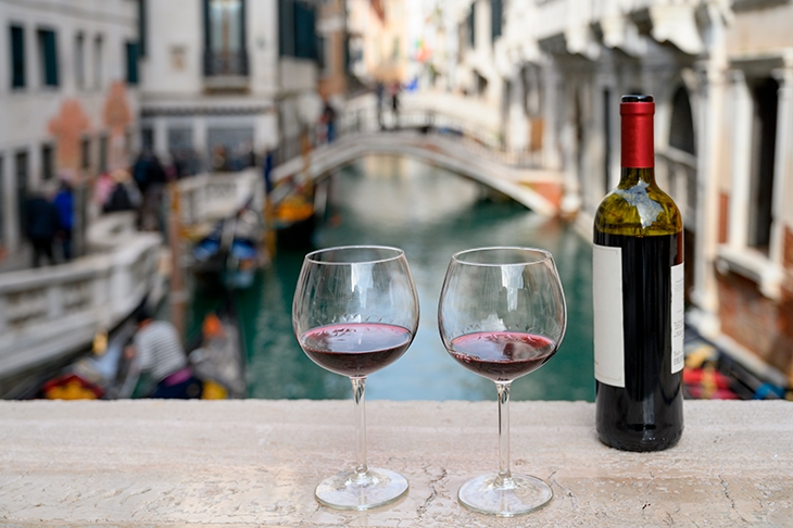 Two glasses of red wine and a bottle on a stone ledge above a canal and footbridge