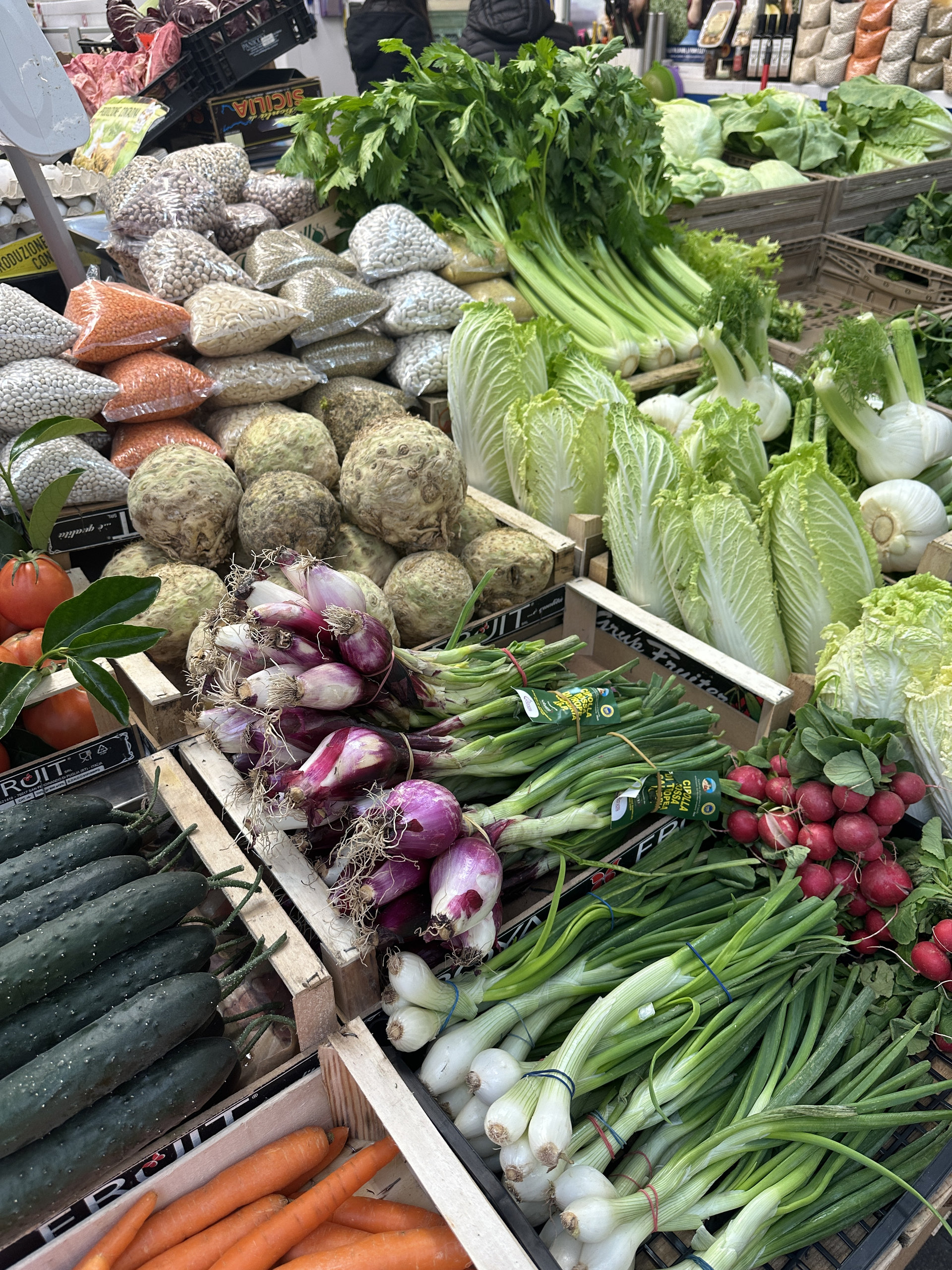 Market stalls piled with fresh vegetables, including radicchio, cucumbers, carrots and spring onions