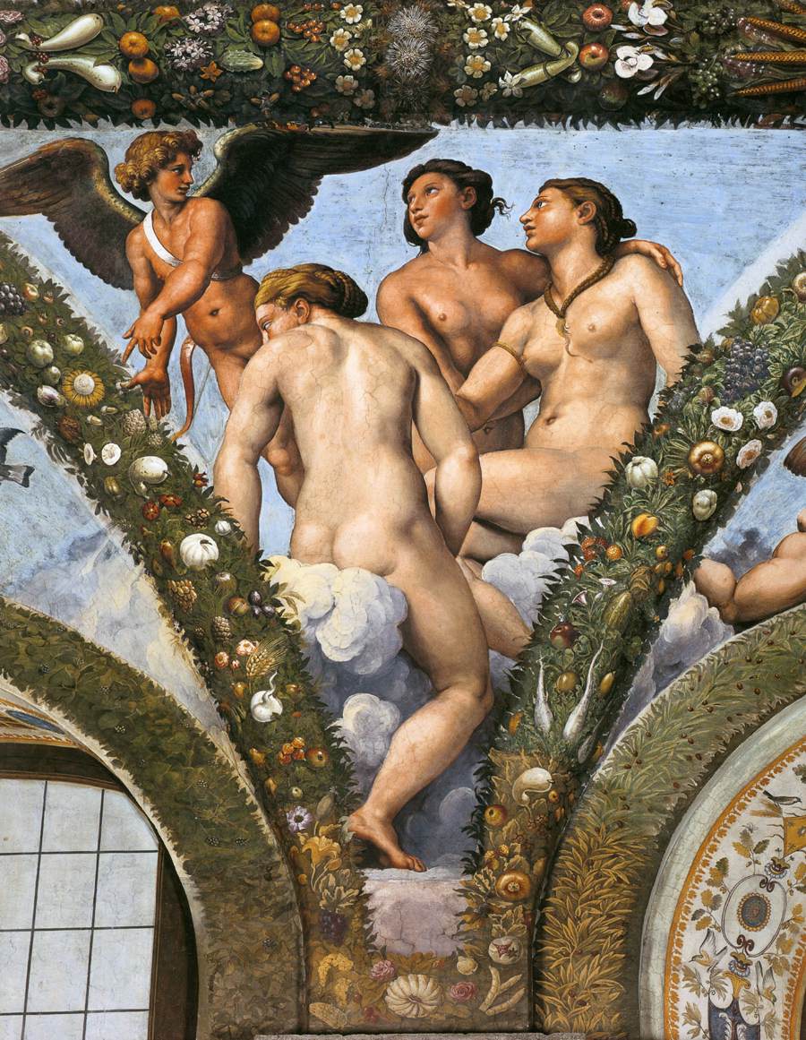 Renaissance fresco of Cupid and the Three Graces, framed by garlands of fruit and flowers