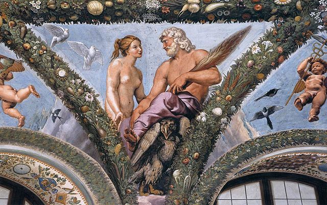 Fresco of Jupiter with his eagle beside a goddess, set among festoons of fruit and flying birds
