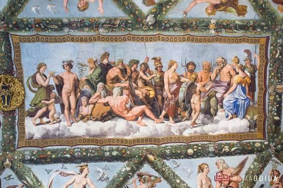 Ceiling fresco of the gods' banquet, painted as a tapestry on clouds within a border of fruit garlands