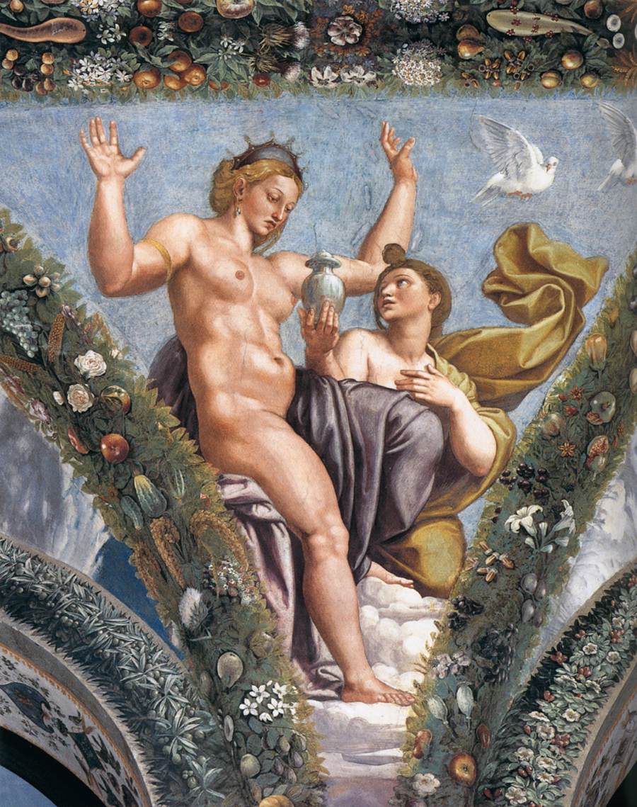 Fresco of Venus presenting a vase beside Psyche, with a white dove, within a garland of fruit