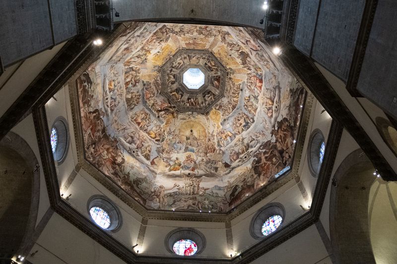 Frescoed Last Judgement inside the Florence Cathedral dome with the oculus at its centre