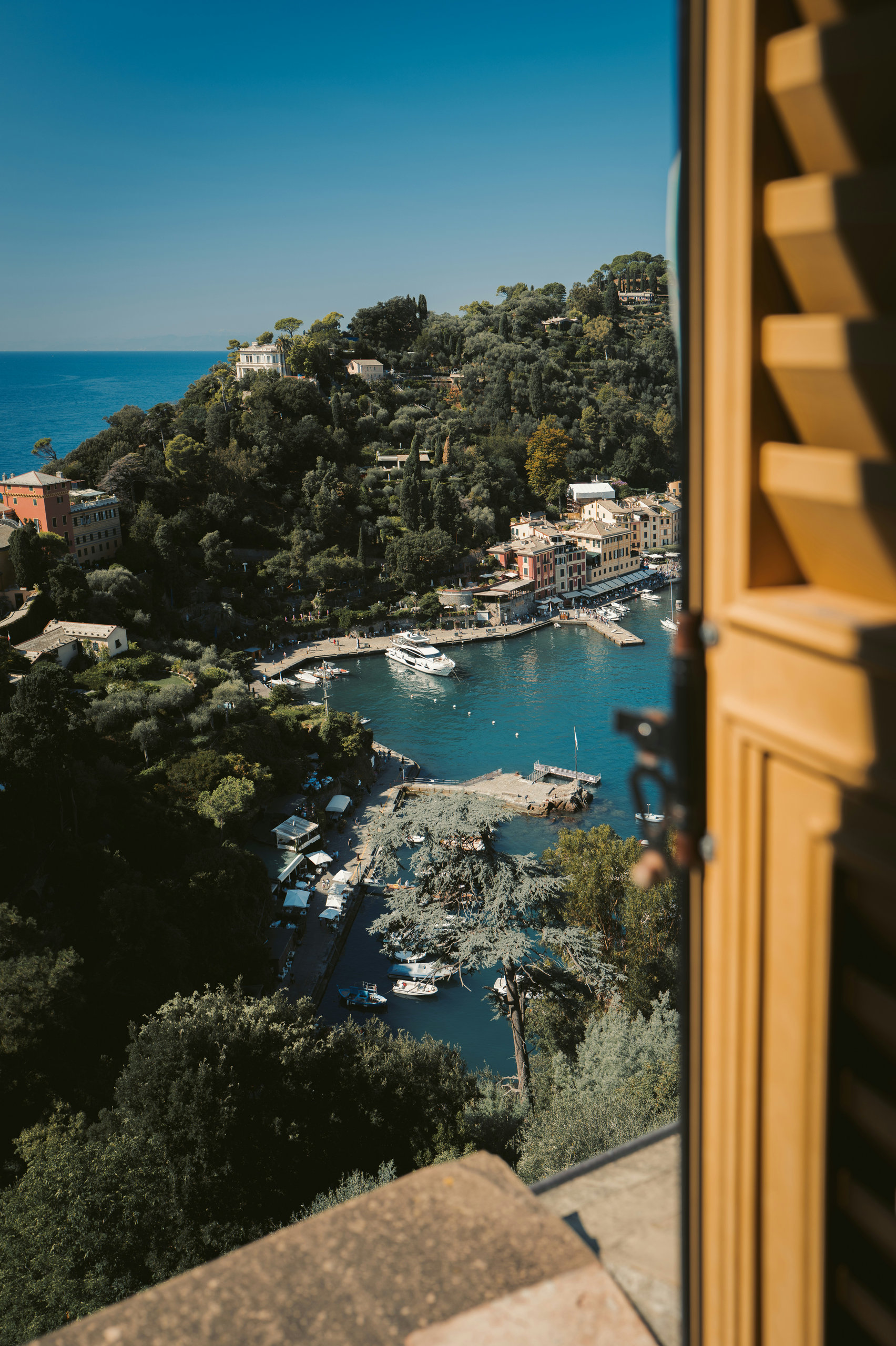 View through a wooden shutter down to a small harbour with boats, pastel houses and a forested headland