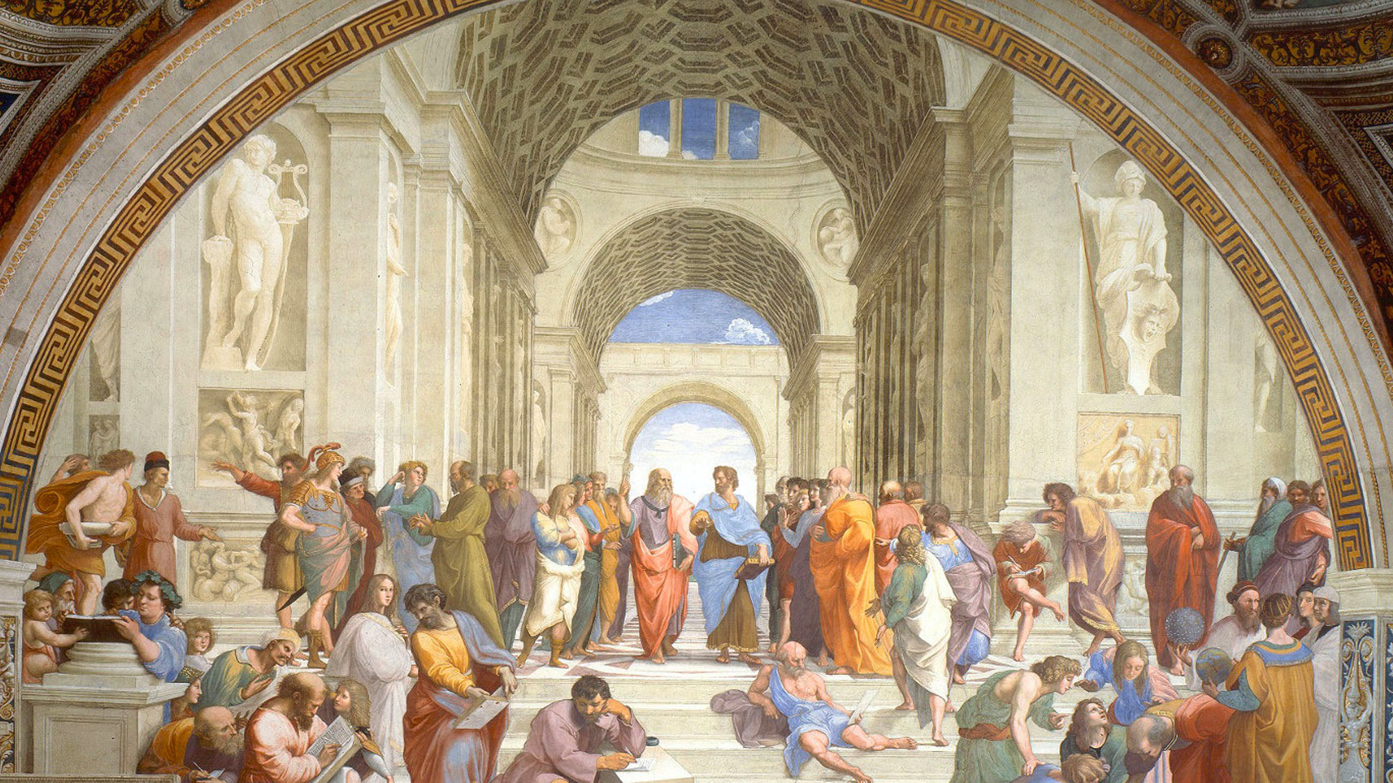 Raphael's School of Athens fresco with philosophers gathered beneath arches in the Vatican