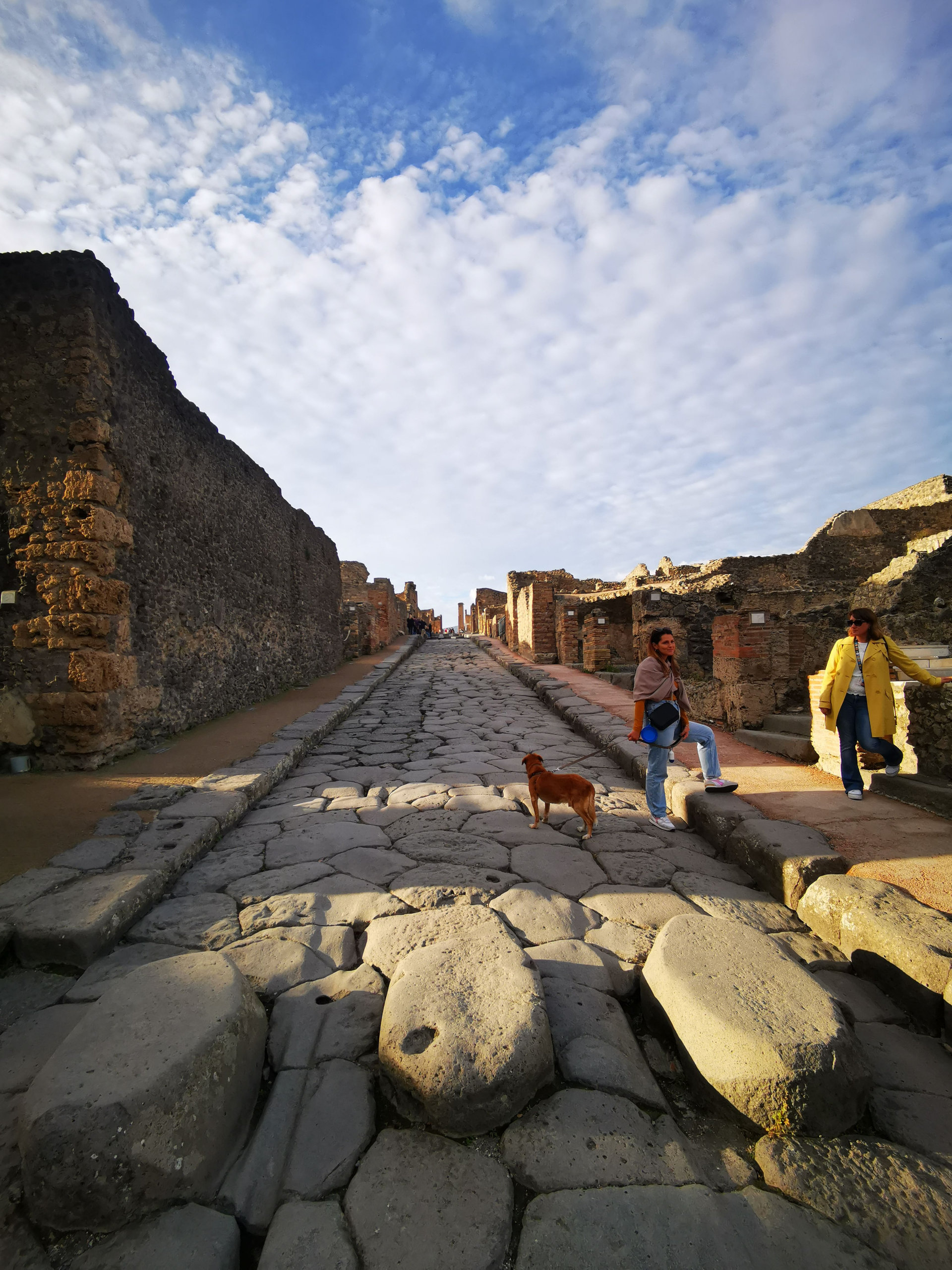 Ancient paved street lined by stone walls, with a dog and visitors crossing under bright clouds