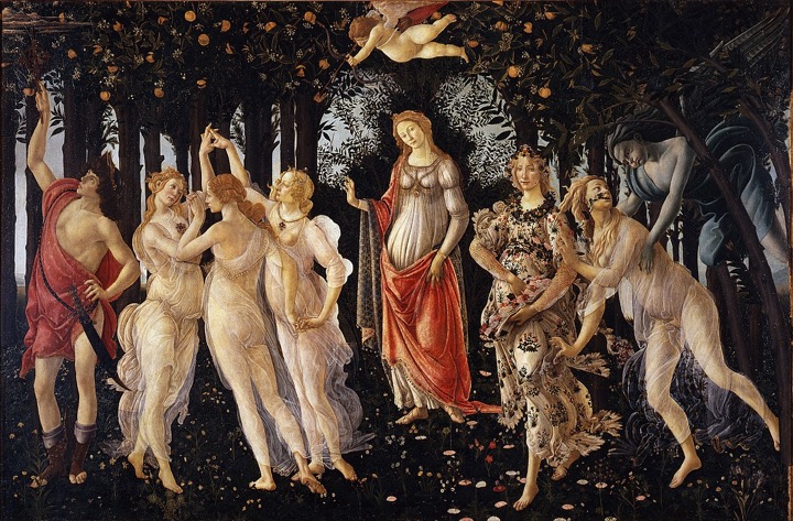 Botticelli's Primavera, a crowd of mythological figures in an orange grove