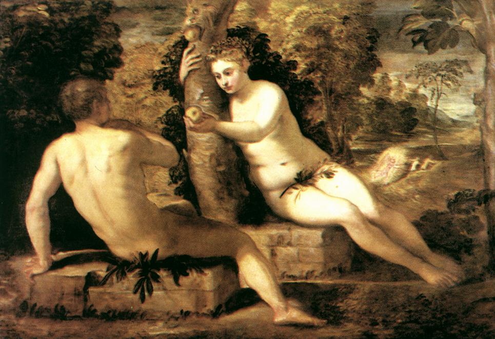 Renaissance painting of a nude man and woman with an apple tree in a wooded landscape
