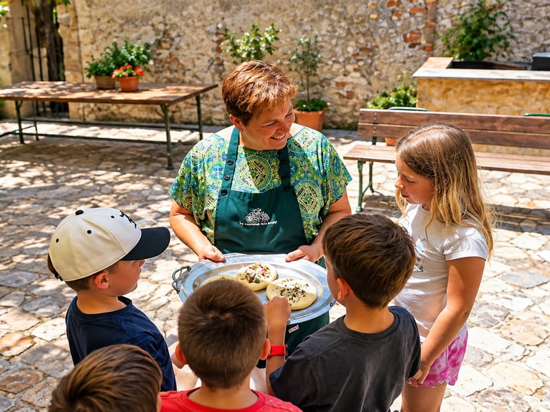Smiling cook in a green apron showing a platter of freshly made bread to a group of children in a courtyard