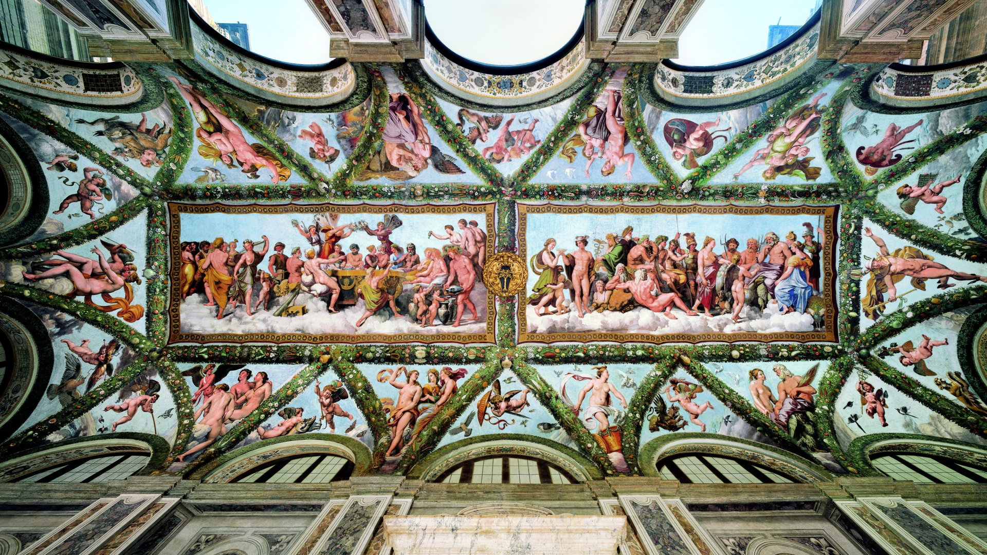 Painted loggia ceiling with two large tapestry-style frescoes surrounded by smaller mythological scenes