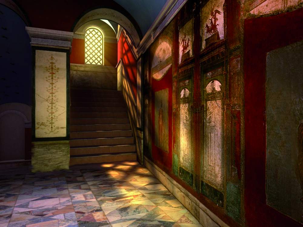 Digital reconstruction of a Roman interior with a staircase, red frescoed walls and marble floor
